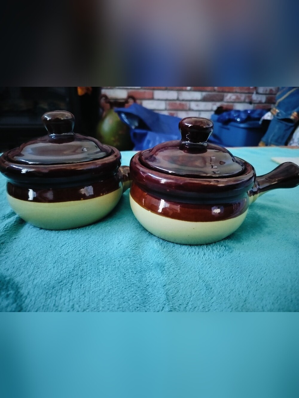 Vintage Brown & Cream Ceramic Crocks Lids Set of 2 French Onion Soup Bowls 4.75"